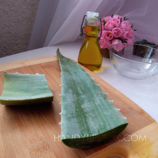 Cutted leaf of aloe vera on a wooden board