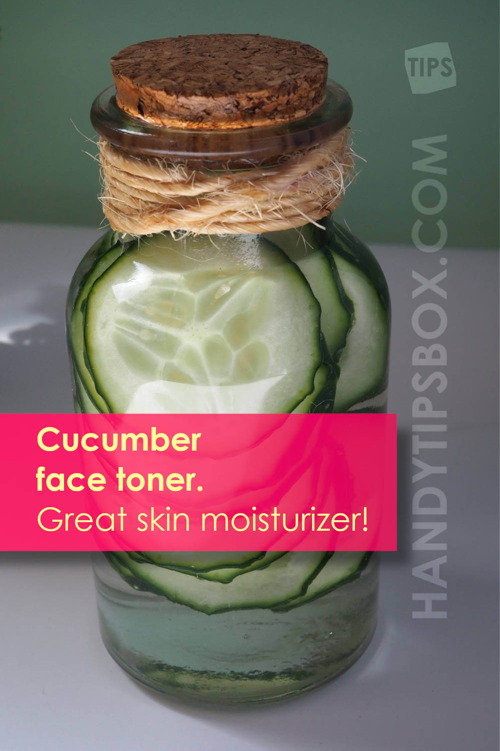 Cucumber skin toner - cucumber slices in a transparent bottle with cork
