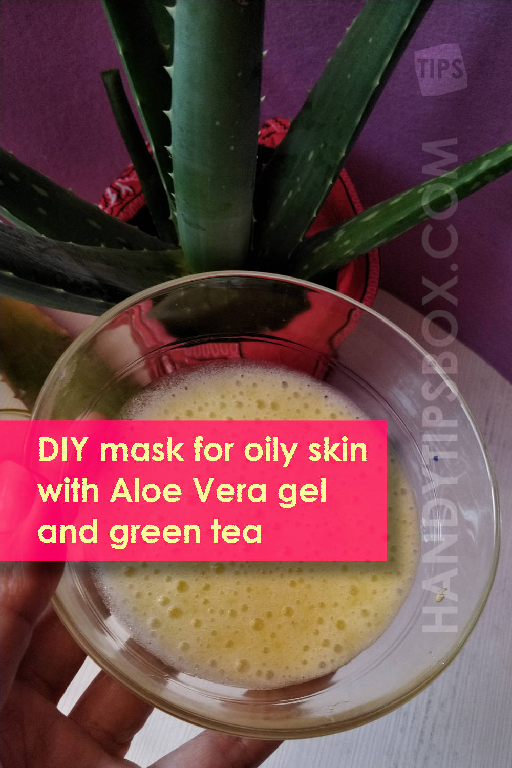Gentle homemade mask for oily skin with Aloe Vera gel and green tea, vertical image