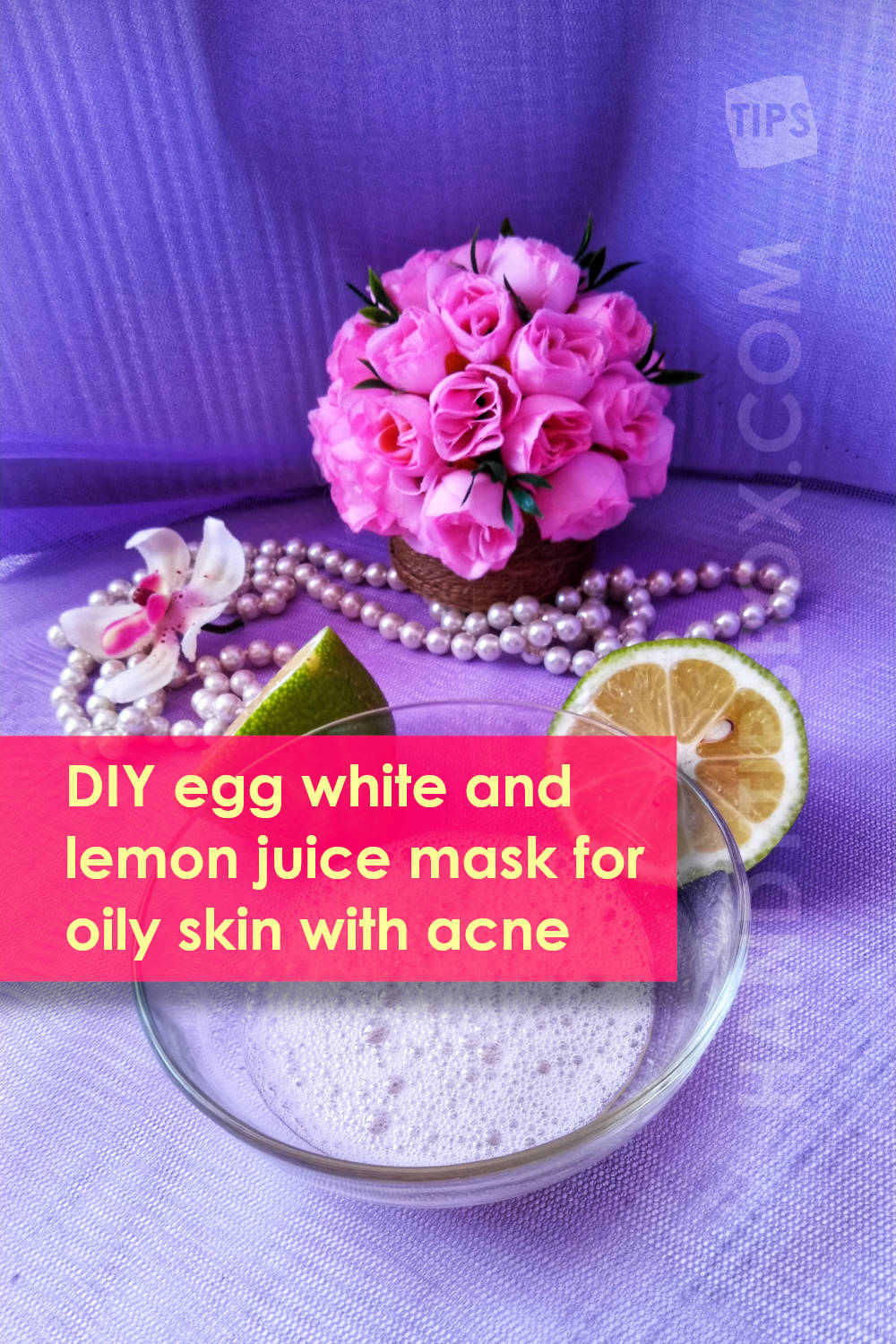 Homemade egg white and lemon juice face mask for acne-prone oily skin, vertical image
