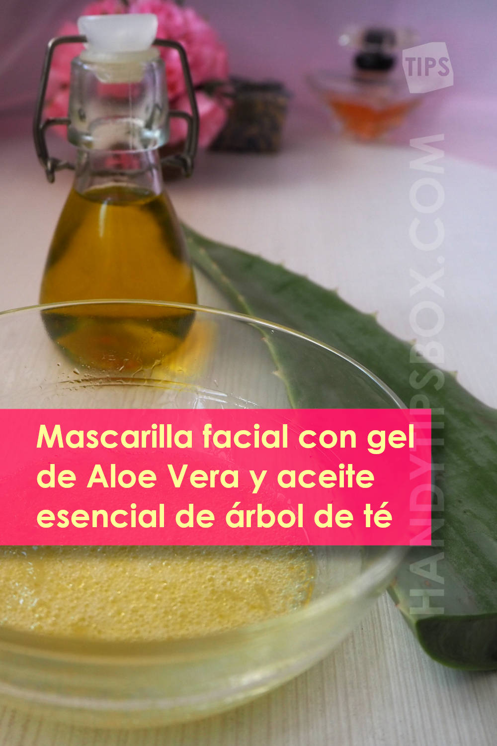 Mascarilla cosmética para pieles grasas con gel de Aloe Vera y aceite esencial de árbol de té. Mascarilla lista para usar, ingredientes. Imagen vertical.