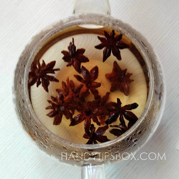 Dry star anise stars in boiling water in a glass vessel