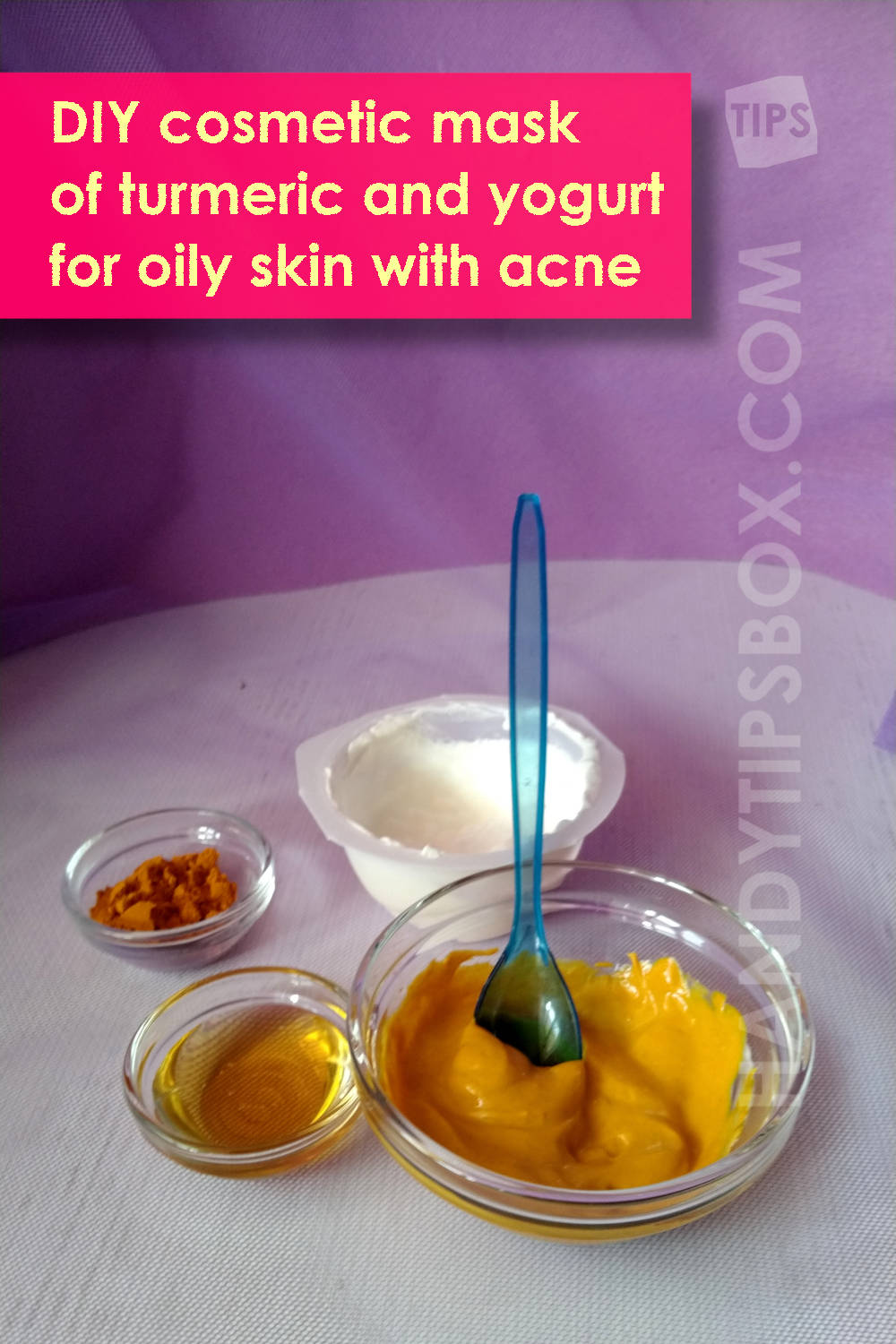 Cosmetic mask of turmeric and yogurt. Ingredients and ready-to-use mask. Vertical image.