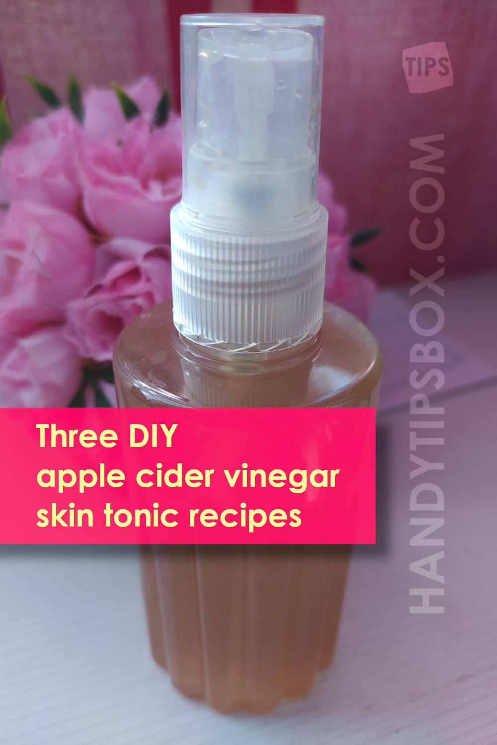 Three DIY apple cider vinegar skin tonic recipes. Ready tonic in the bottle with spray. Vertical image.