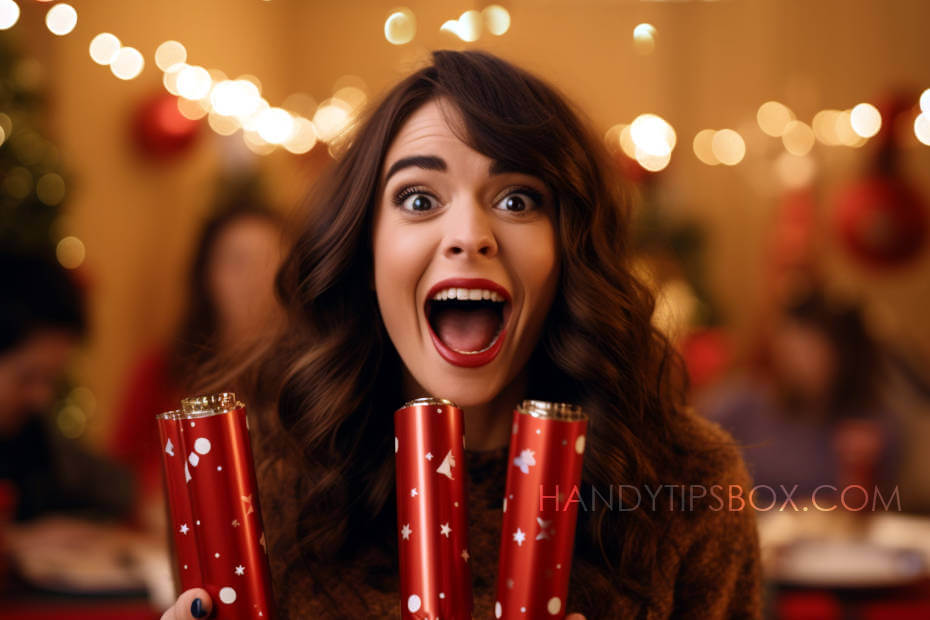 Mujer joven alegre sosteniendo Christmas Crackers en sus manos