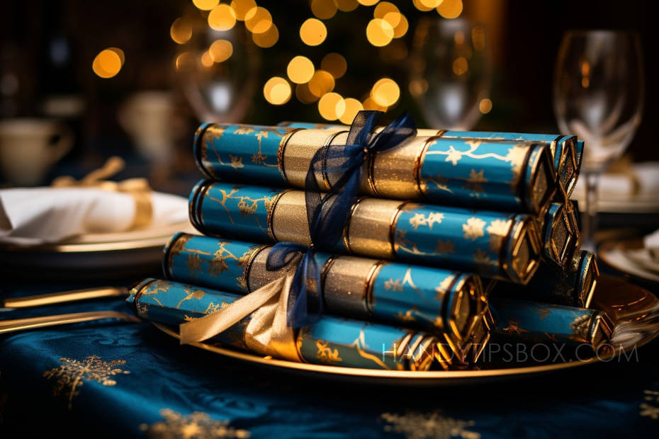 Christmas Crackers envueltas en papel azul con diseños dorados servidas en una mesa navideña