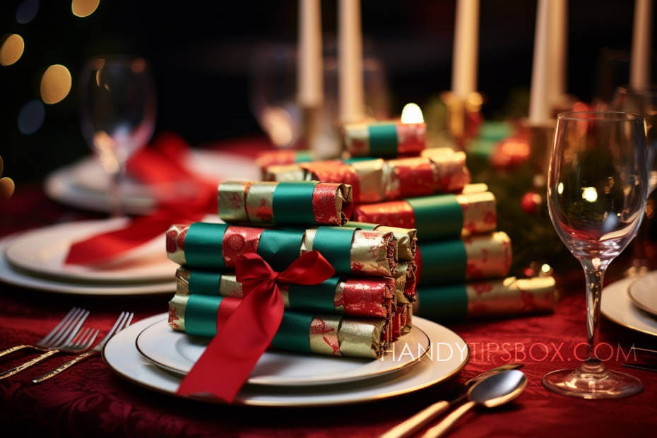 Christmas Сrackers wrapped in gold paper with red and green ribbons are served on the Christmas table