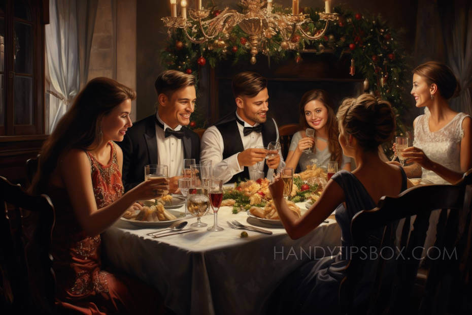 Hombres y mujeres jóvenes celebrando la Navidad mientras están sentados en la mesa navideña