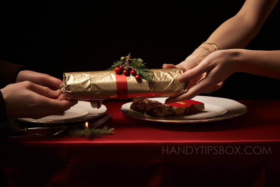 Male and female hands hold a Christmas Cracker, wrapped in golden paper and decorated with a fir branch