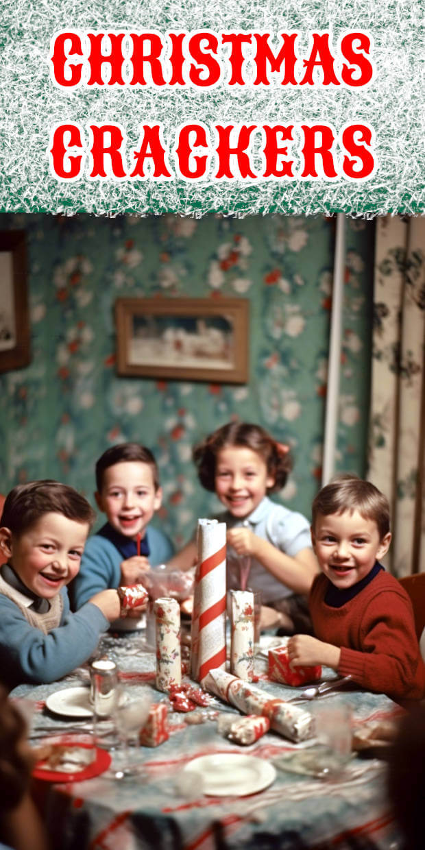 Cheerful children sit at the Christmas table and open Christmas Crackers with gifts and surprises