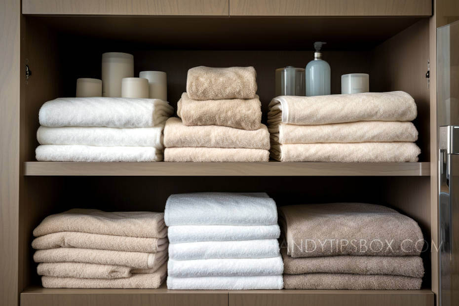 Three stacks of towels neatly folded into organizers.