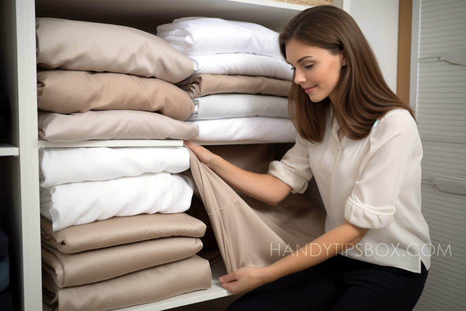 Woman folds bed linen in closet.