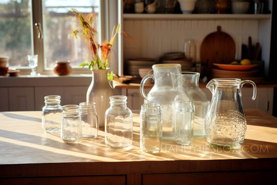 Clean glassware and jars stand on the kitchen table.