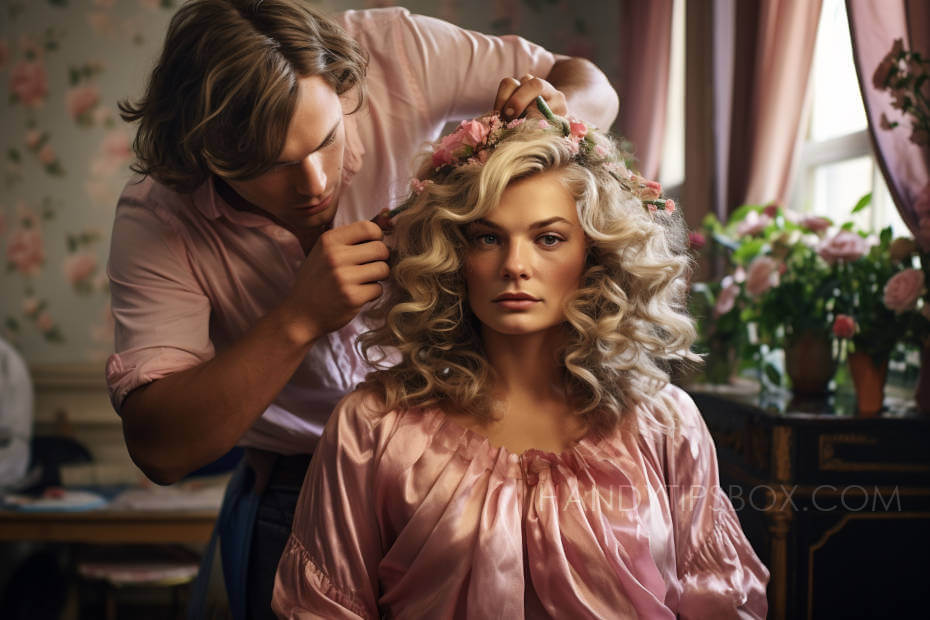 Hairdresser curls the hair of his pretty client