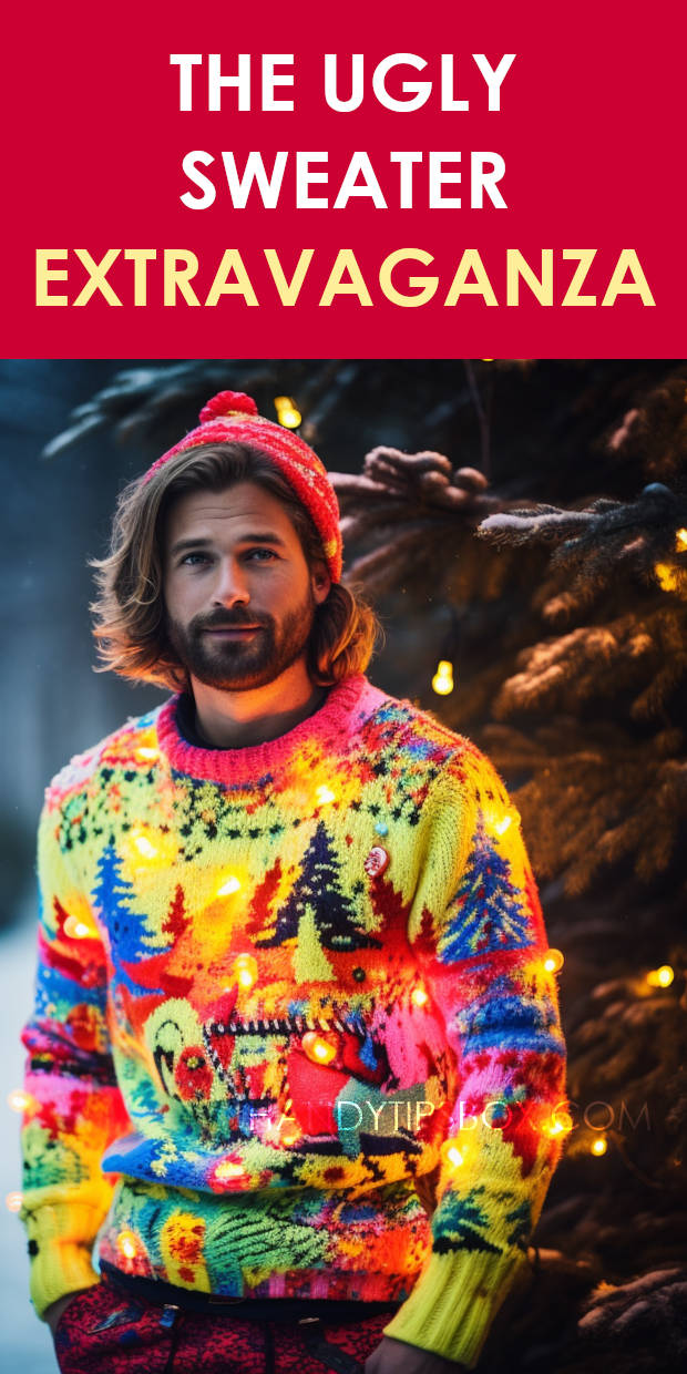 Man in Bright Fluorescent Coloured Christmas Jumper and Winter Red Hat