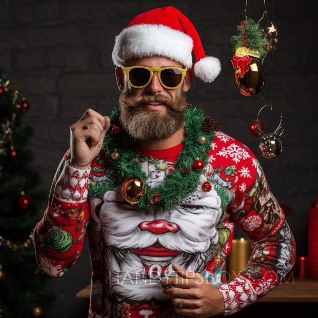 Hombre con divertido suéter navideño feo con oropel.